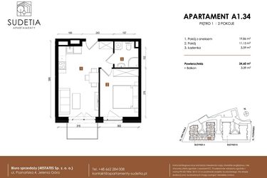 Rzut - Mieszkanie na sprzedaż 2 pokoje o powierzchni 34,6 m² - numer A 1.34 w Apartamenty Sudetia