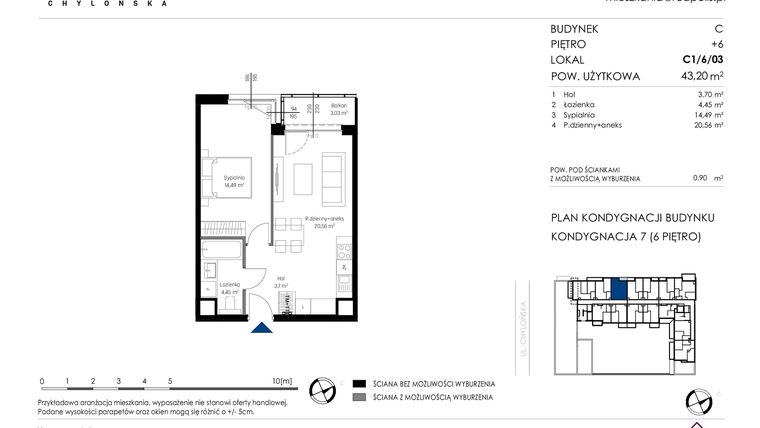 Rzut - Mieszkanie na sprzedaż 2 pokoje o powierzchni 43,2 m² - numer C1/6/03 w Chylońska STO10 etap III
