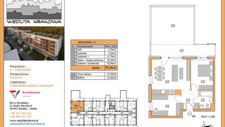 Rzut - Mieszkanie na sprzedaż 2 pokoje o powierzchni 54,3 m² - numer M9 w Weduta Krakowa etap II