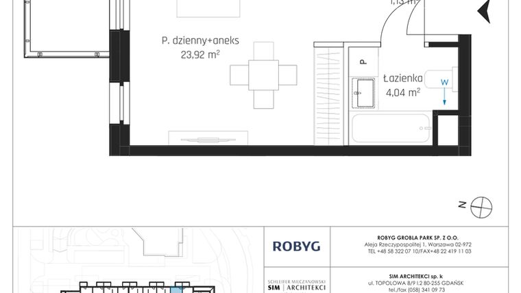 Rzut - Mieszkanie na sprzedaż 1 pokój o powierzchni 29,1 m² - numer I.2M23 w Nadmotławie Apartments etap I