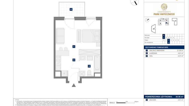 Rzut - Mieszkanie na sprzedaż 1 pokój o powierzchni 30,56 m² - numer B10 w Apartamenty Park Matecznego Etap 1