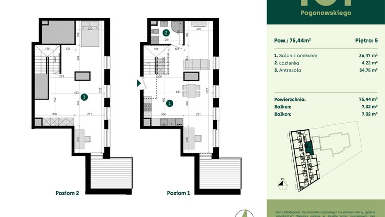 Rzut - Mieszkanie na sprzedaż 1 pokój o powierzchni 75,44 m² - numer POGO2/A/6N w Pogonowskiego 52