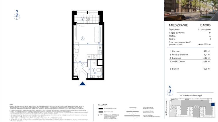 Rzut - Mieszkanie na sprzedaż 1 pokój o powierzchni 26,88 m² - numer BA0108 w Niedziałkowskiego Park