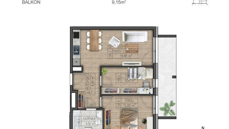 Rzut - Mieszkanie na sprzedaż 3 pokoje o powierzchni 53,66 m² - numer H8 w Osiedle Parkowe