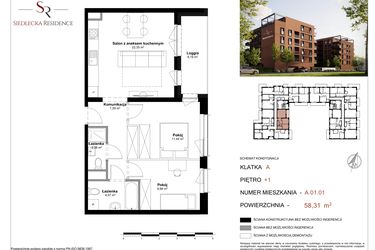 Rzut - Mieszkanie na sprzedaż 3 pokoje o powierzchni 58,31 m² - numer A-01-01 w Siedlecka Residence