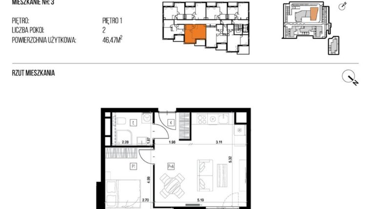 Rzut - Mieszkanie na sprzedaż 2 pokoje o powierzchni 46,47 m² - numer 22K/03 w NATURAMA II