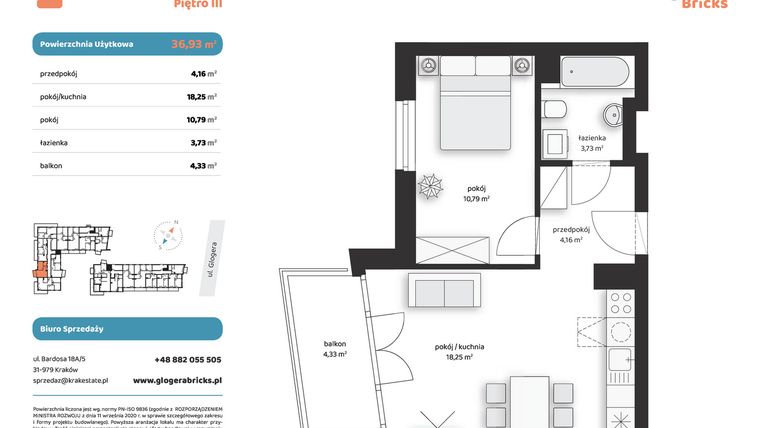 Rzut - Mieszkanie na sprzedaż 2 pokoje o powierzchni 36,93 m² - numer M IV.3.4 w Glogera Bricks