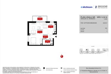 Rzut - Mieszkanie na sprzedaż 1 pokój o powierzchni 42,69 m² - numer WR3 1/2/9/1k w Przystań Reymonta etap II