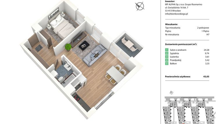 Rzut - Mieszkanie na sprzedaż 2 pokoje o powierzchni 43,05 m² - numer H7 w Nowe Żerniki Bieńkowskiego etap II