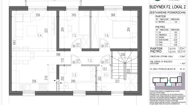 Rzut - Mieszkanie na sprzedaż 3 pokoje o powierzchni 57,66 m² - numer F2.2 w Spokojna Wólka etap V
