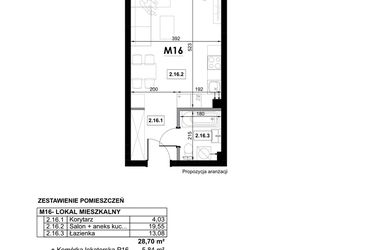 Rzut - Mieszkanie na sprzedaż 1 pokój o powierzchni 28,7 m² - numer M16 w Miejska Premium II