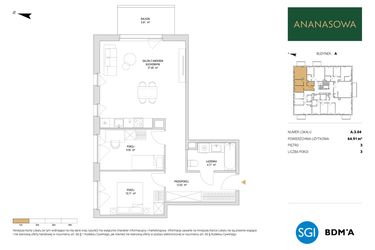 Rzut - Mieszkanie na sprzedaż 3 pokoje o powierzchni 64,91 m² - numer A.3.04 w Ananasowa