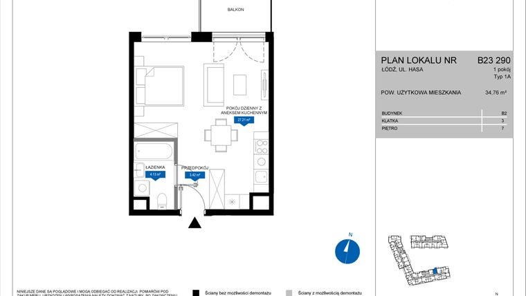 Rzut - Mieszkanie na sprzedaż 1 pokój o powierzchni 34,76 m² - numer B23 290 w Flow - bud. B2 A i bud. B2 B