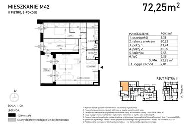 Rzut - Mieszkanie na sprzedaż 3 pokoje o powierzchni 72,25 m² - numer M42 w Finezja