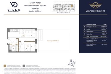 Rzut - Mieszkanie na sprzedaż 2 pokoje o powierzchni 40,21 m² - numer 6 w Warszawska 222 bud. D