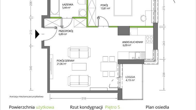 Rzut - Mieszkanie na sprzedaż 2 pokoje o powierzchni 53,29 m² - numer 1/019 w Krakowska Vita