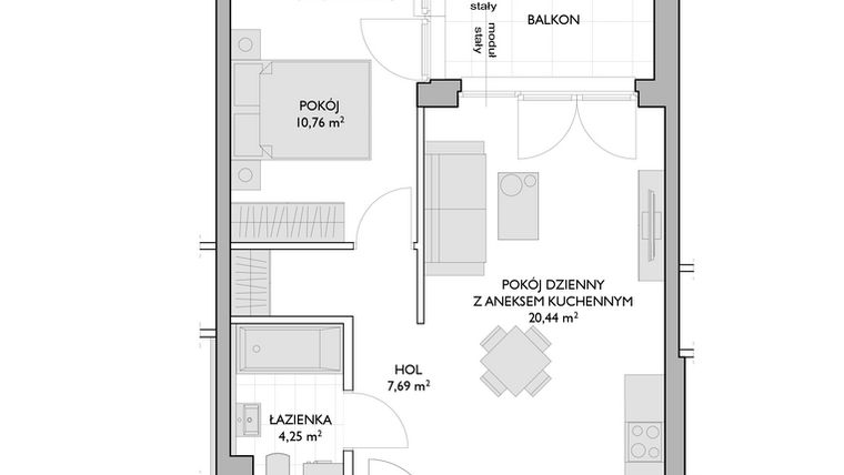 Rzut - Mieszkanie na sprzedaż 2 pokoje o powierzchni 43,14 m² - numer WO/P3/24 w Wiszące Ogrody