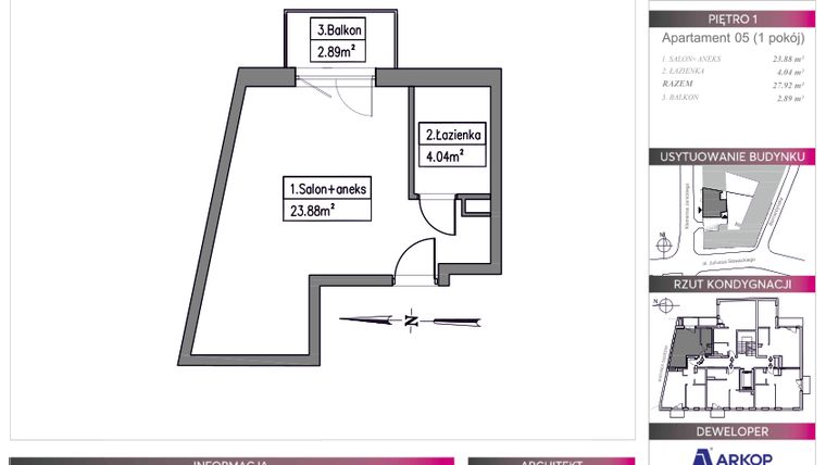 Rzut - Mieszkanie na sprzedaż 1 pokój o powierzchni 27,92 m² - numer 5 w Centro Domini