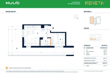 Rzut - Mieszkanie na sprzedaż 2 pokoje o powierzchni 33,38 m² - numer M01 w Reneta