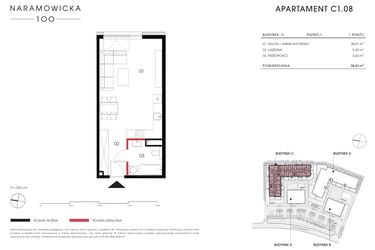 Rzut - Mieszkanie na sprzedaż 1 pokój o powierzchni 38,43 m² - numer C 1.08 w Naramowicka 100