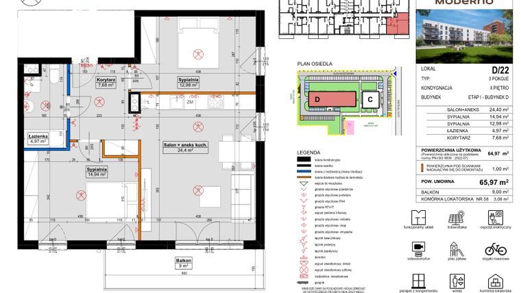 Rzut - Mieszkanie na sprzedaż 3 pokoje o powierzchni 65,97 m² - numer D.22 w Osiedle Moderno