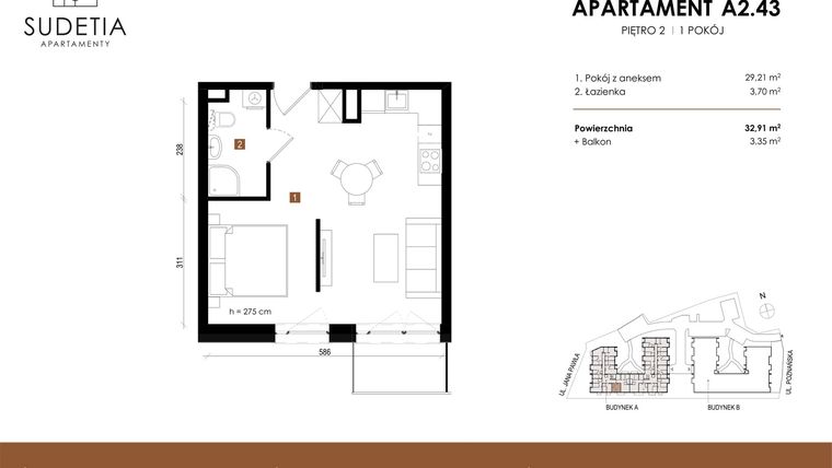 Rzut - Mieszkanie na sprzedaż 1 pokój o powierzchni 32,91 m² - numer A 2.43 w Apartamenty Sudetia