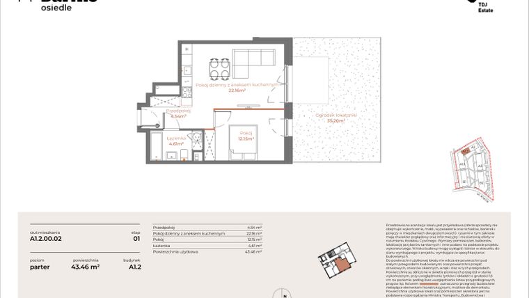 Rzut - Mieszkanie na sprzedaż 2 pokoje o powierzchni 43,46 m² - numer A1.2-00.02 w Sarnie Osiedle