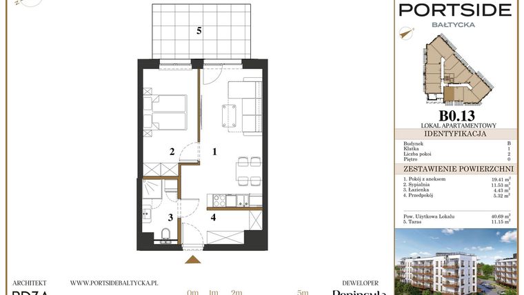 Rzut - Mieszkanie na sprzedaż 2 pokoje o powierzchni 40,69 m² - numer B0.13 w Portside Bałtycka