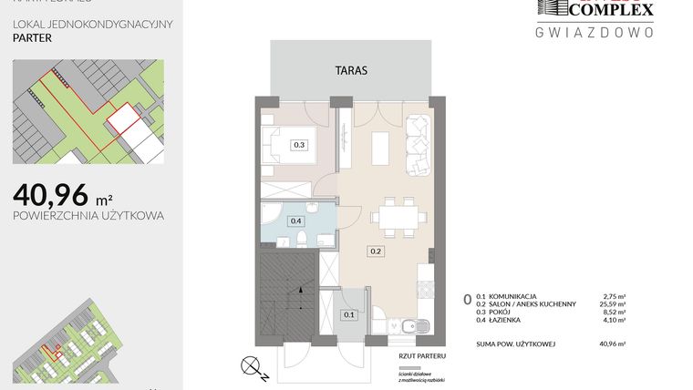 Rzut - Mieszkanie na sprzedaż 2 pokoje o powierzchni 40,96 m² - numer A52.1 w Osiedle Gwiazdowo etap 6B