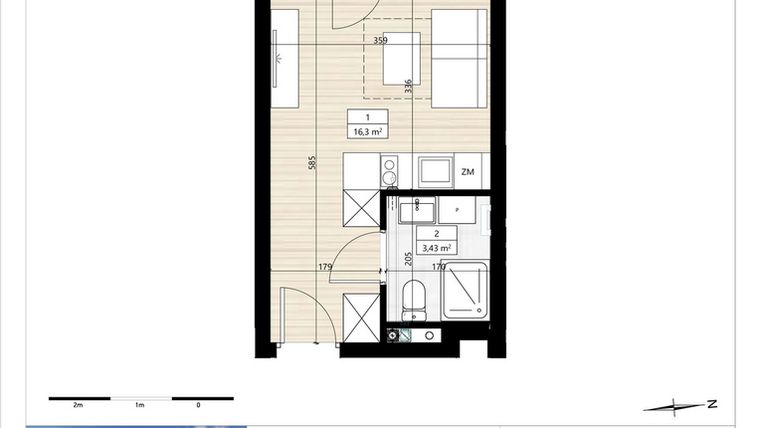 Rzut - Mieszkanie na sprzedaż 1 pokój o powierzchni 19,73 m² - numer B4/1/15 w Montano bud. B4 - apartamenty inwestycyjne