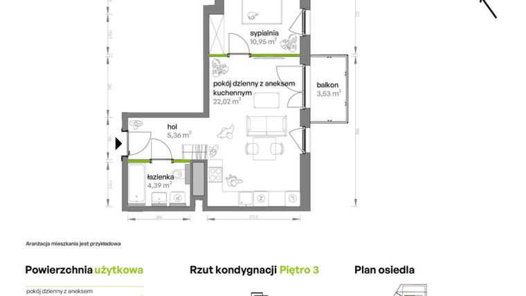 Rzut - Mieszkanie na sprzedaż 2 pokoje o powierzchni 42,72 m² - numer AA0301 w Ptasia Vita