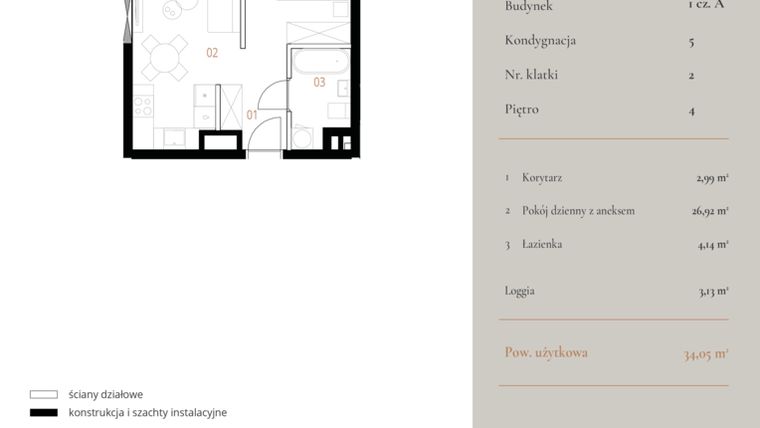 Rzut - Mieszkanie na sprzedaż 1 pokój o powierzchni 34,05 m² - numer M073 w MURANO