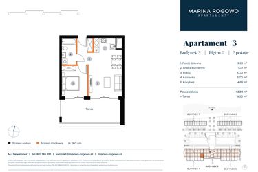 Rzut - Mieszkanie na sprzedaż 2 pokoje o powierzchni 43,84 m² - numer 3 w Apartamenty Marina Rogowo