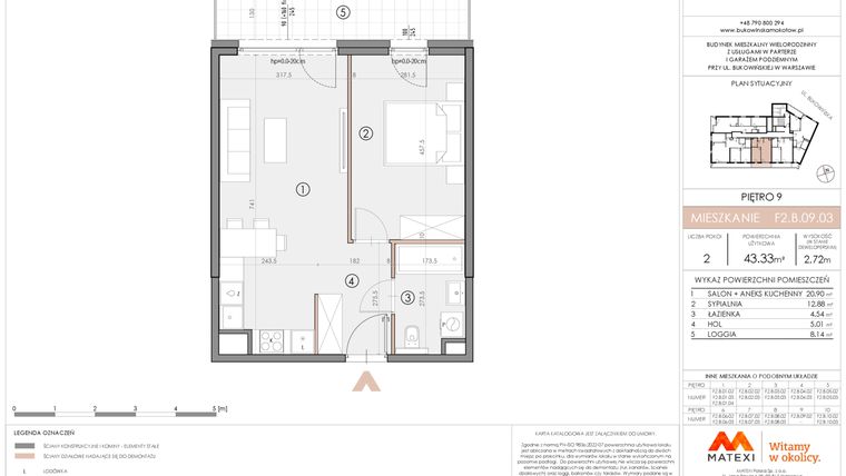 Rzut - Mieszkanie na sprzedaż 2 pokoje o powierzchni 43,3 m² - numer F2.B.09.03 w Bukowińska Mokotów etap 2