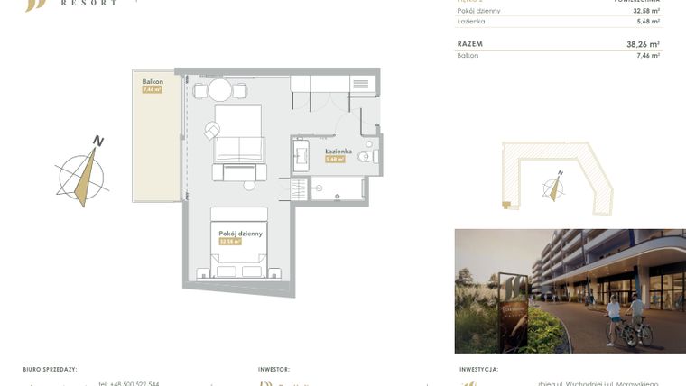 Rzut - Mieszkanie na sprzedaż 1 pokój o powierzchni 38,26 m² - numer H.2.13 w Harmony Resort
