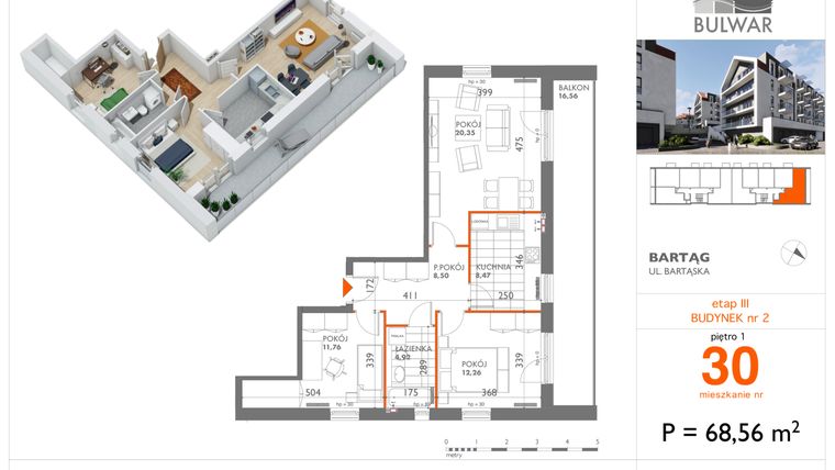 Rzut - Mieszkanie na sprzedaż 3 pokoje o powierzchni 68,56 m² - numer 30 w Bulwar bud. 2