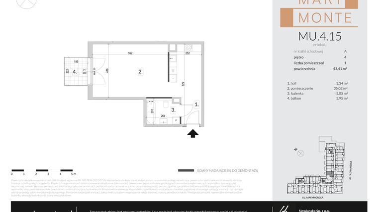 Rzut - Mieszkanie na sprzedaż 1 pokój o powierzchni 43,41 m² - numer MU.4.15 w Marimonte - apartamenty inwestycyjne
