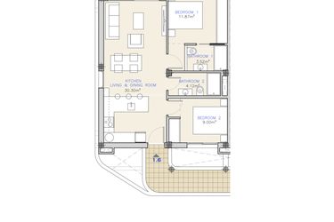 Rzut - Mieszkanie na sprzedaż 2 pokoje o powierzchni 78,02 m² - numer 1.6 w Mieszkania w Los Alcazares, RD-65933
