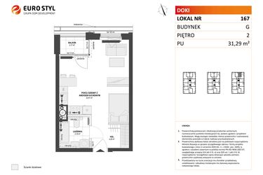 Rzut - Mieszkanie na sprzedaż 1 pokój o powierzchni 31,29 m² - numer G.167 w DOKI Living etap II