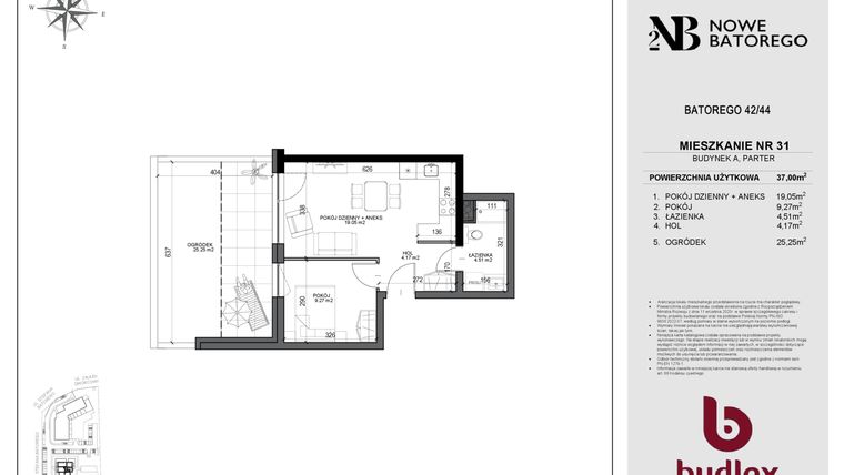 Rzut - Mieszkanie na sprzedaż 2 pokoje o powierzchni 37 m² - numer A31 w Nowe Batorego 2