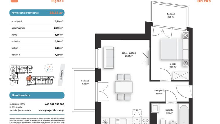 Rzut - Mieszkanie na sprzedaż 2 pokoje o powierzchni 38,52 m² - numer M II.2.4 w Glogera Bricks