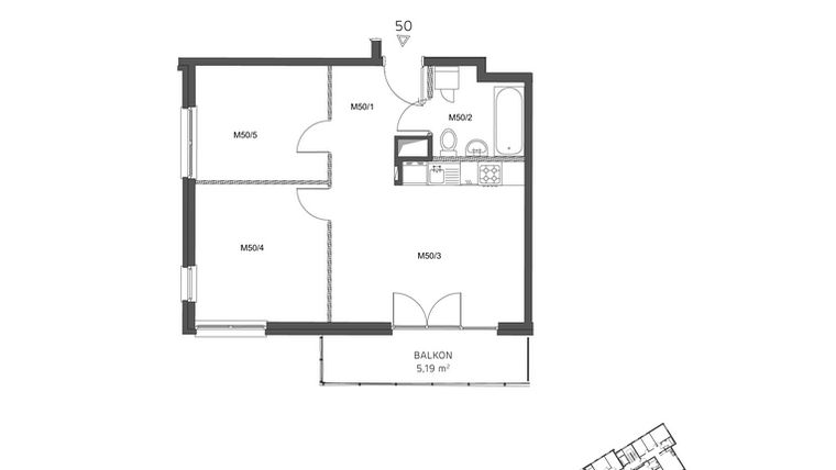 Rzut - Mieszkanie na sprzedaż 3 pokoje o powierzchni 50,44 m² - numer 50 w Wzgórze Krzemionki II