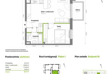 Rzut - Mieszkanie na sprzedaż 2 pokoje o powierzchni 39,71 m² - numer B1.01.15 w Południe Vita