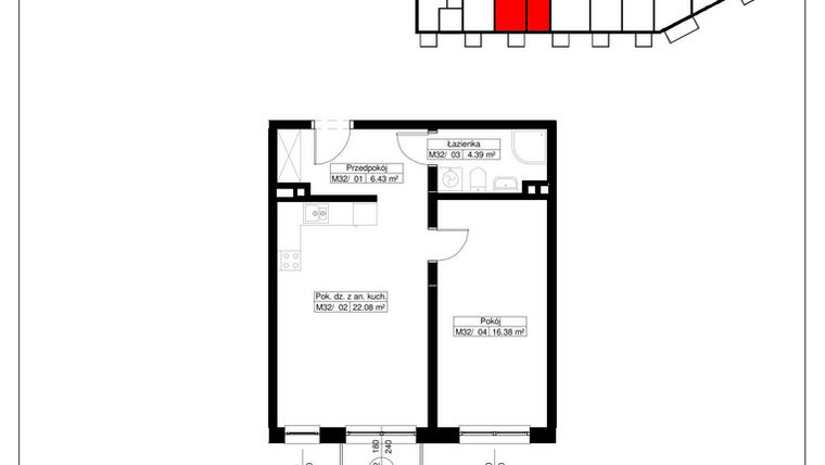 Rzut - Mieszkanie na sprzedaż 2 pokoje o powierzchni 49,28 m² - numer 32 w Światowida 61B