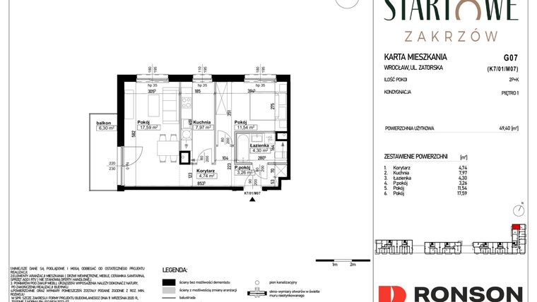 Rzut - Mieszkanie na sprzedaż 2 pokoje o powierzchni 49,4 m² - numer G07 w Osiedle Startowe