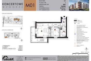 Rzut - Mieszkanie na sprzedaż 2 pokoje o powierzchni 43,78 m² - numer C1_M1 w Koncertowe Wzgórze etap II