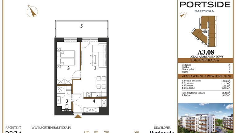 Rzut - Mieszkanie na sprzedaż 2 pokoje o powierzchni 39,48 m² - numer A3.08 w Portside Bałtycka