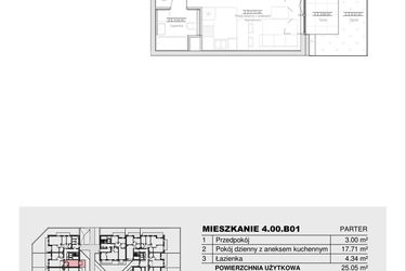 Rzut - Mieszkanie na sprzedaż 1 pokój o powierzchni 25,05 m² - numer 4.00.B01 w Ogrody Andersa III