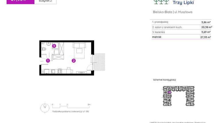 Rzut - Mieszkanie na sprzedaż 1 pokój o powierzchni 27,93 m² - numer 2.A.0.10 w Murapol Trzy Lipki etap II