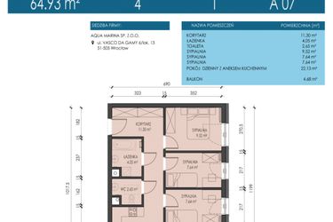 Rzut - Mieszkanie na sprzedaż 4 pokoje o powierzchni 64,93 m² - numer A07 w Apartamenty Aqua Marina